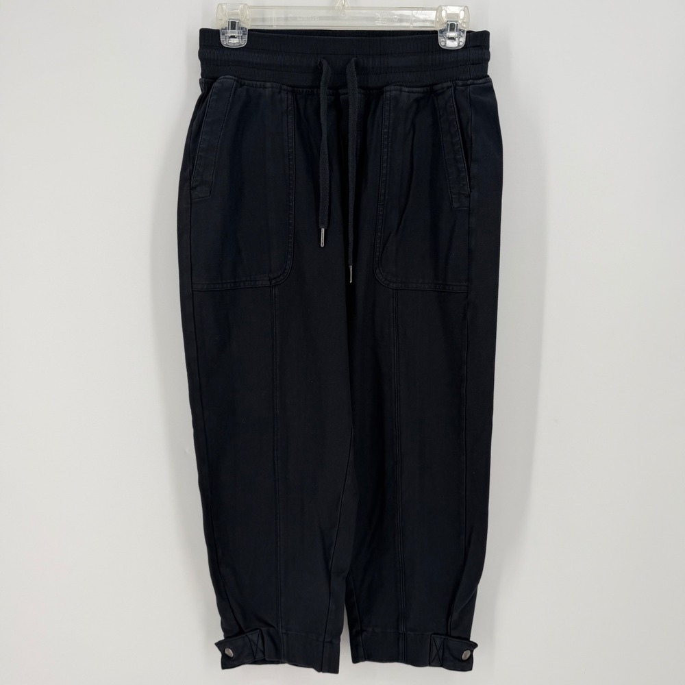 Athleta Womens Black Cotton Spandex Cropped Jogger Pants XS Drawstring Snap Cuff